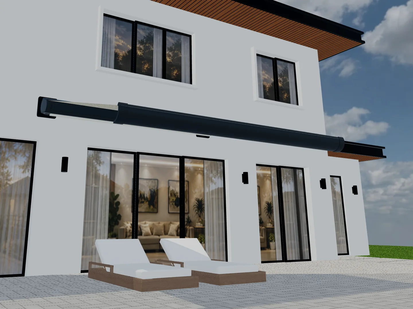 3D view of a dark awning cassette in a nearly retracted position above a terrace.