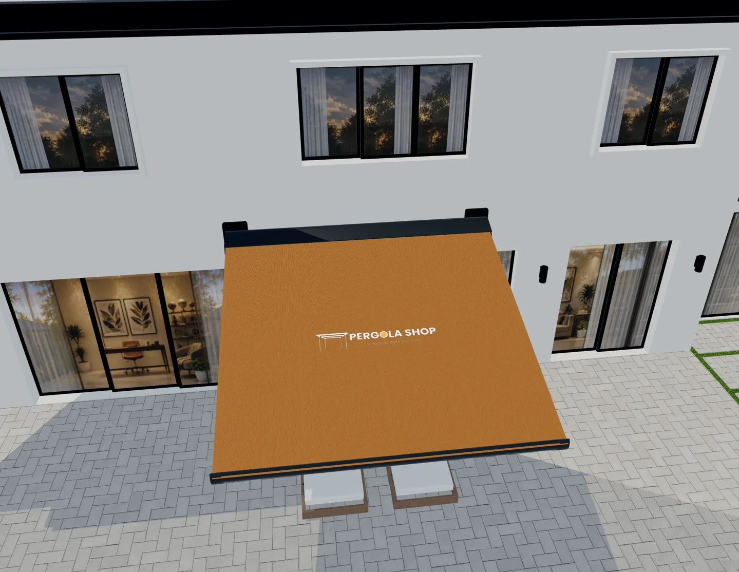 Orange awning fabric displaying a Pergola Shop logo in a 3D product scene.