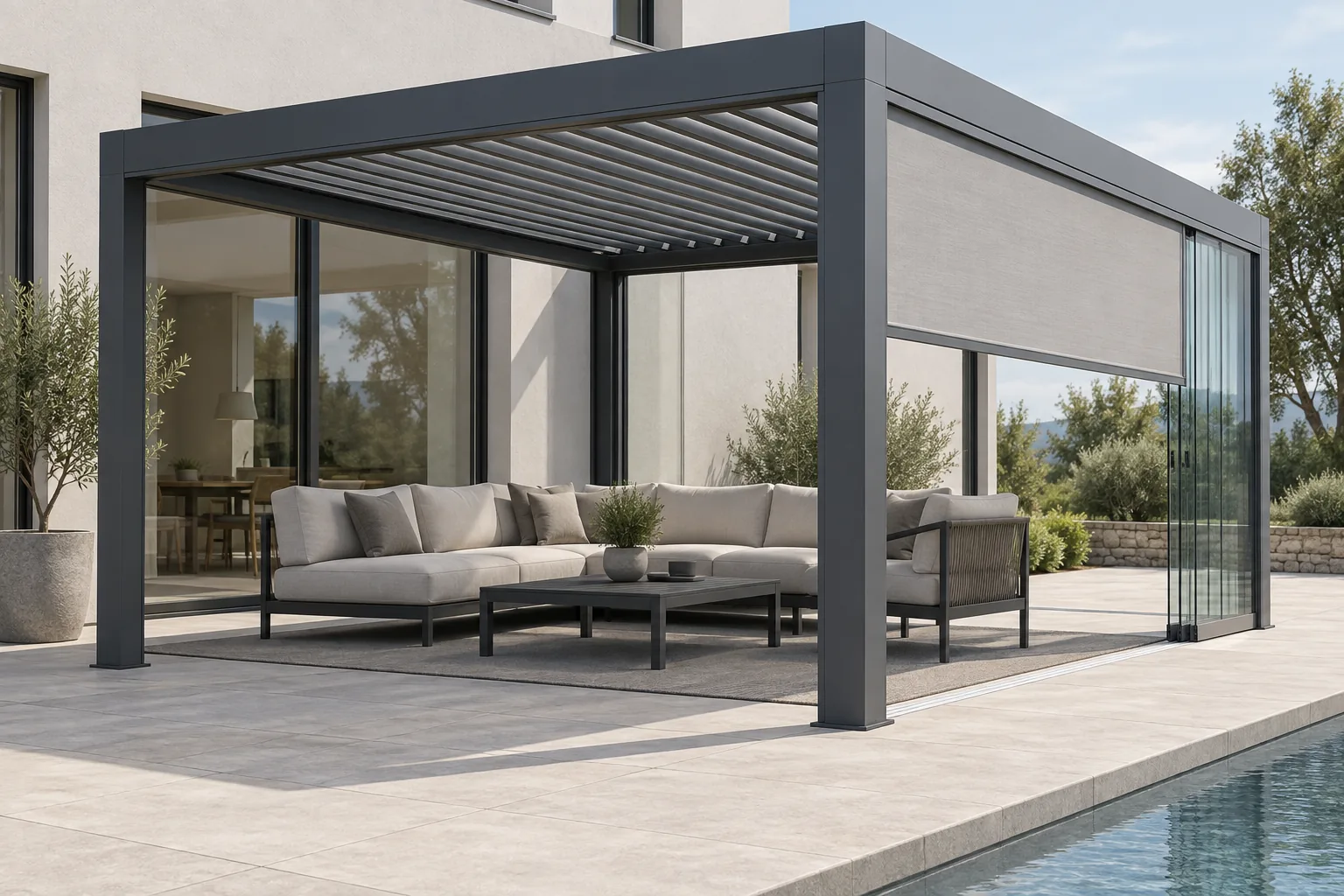 Architectural render of a bioclimatic pergola with stacked sliding glass and a partially lowered gray textile screen