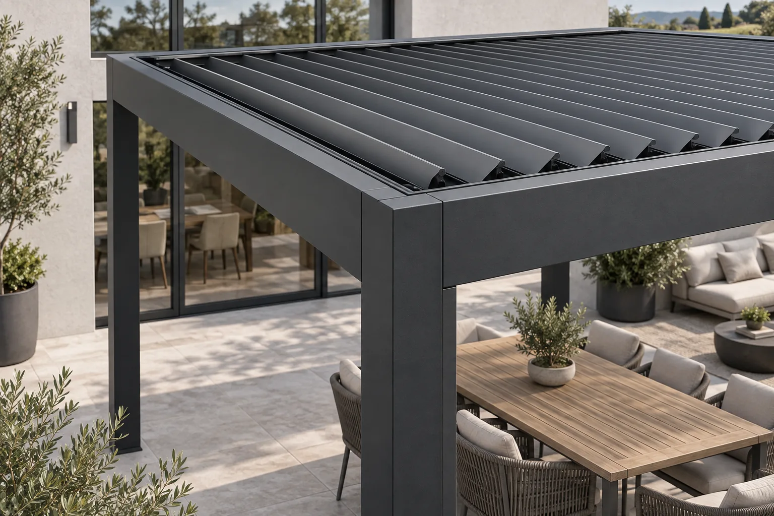 Architectural detail render of an anthracite bioclimatic pergola showing louvres, the roof edge and a corner post