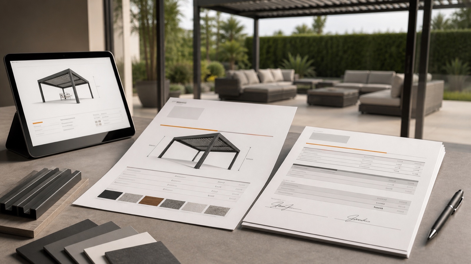 Branded pergola quote with 3D design, itemized pages and material samples
