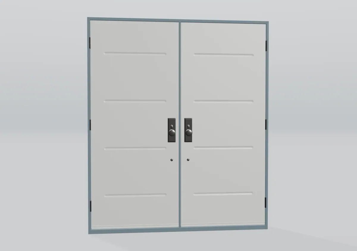 White double doors with horizontal grooves and dark knobs