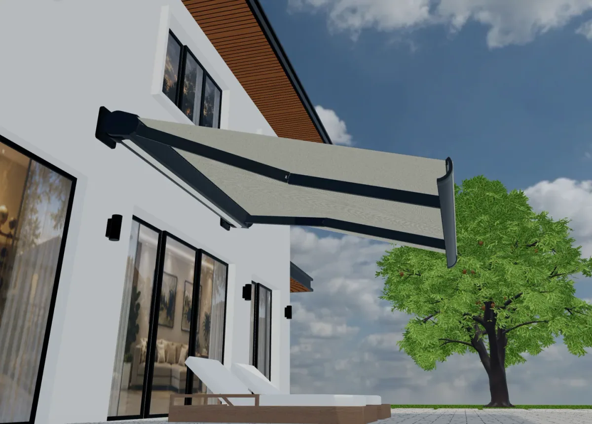 Extended awning with folding arms beneath a light fabric canopy
