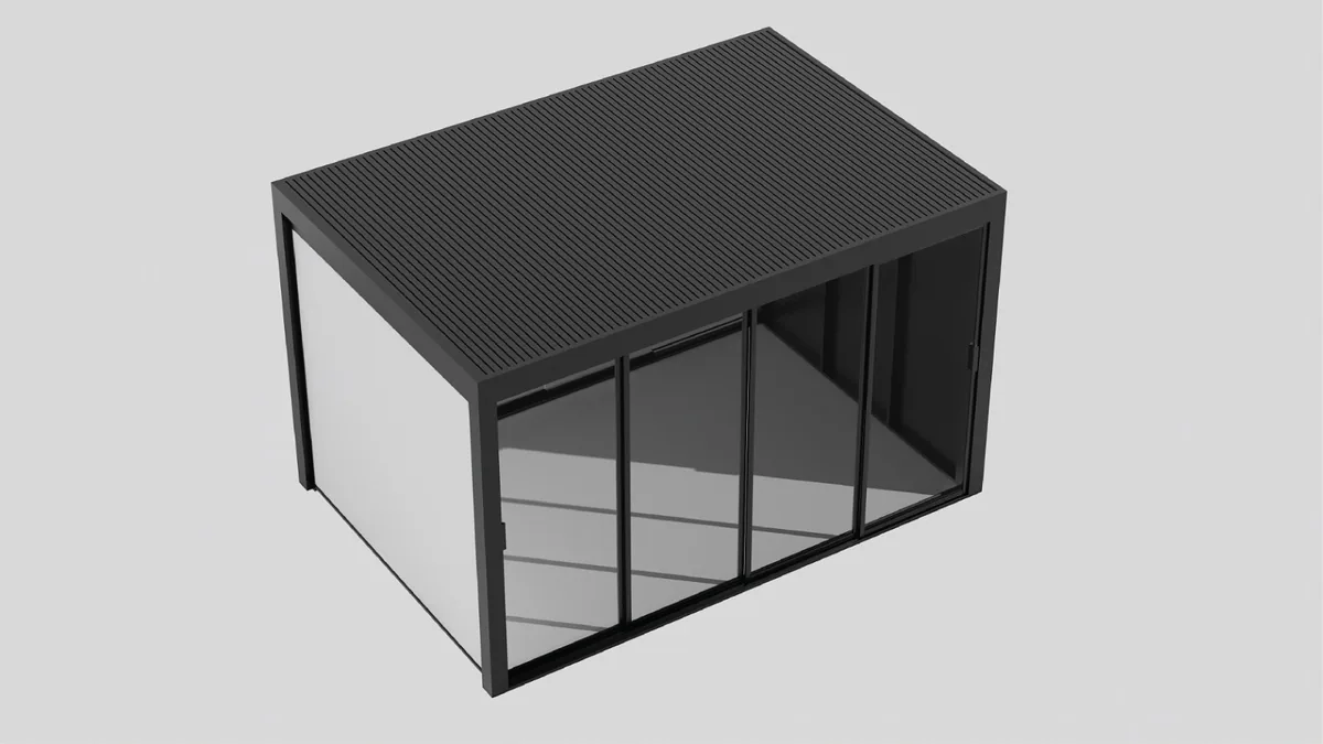 Dark pergola model with glazed side panels and a solid roof in a 3D view