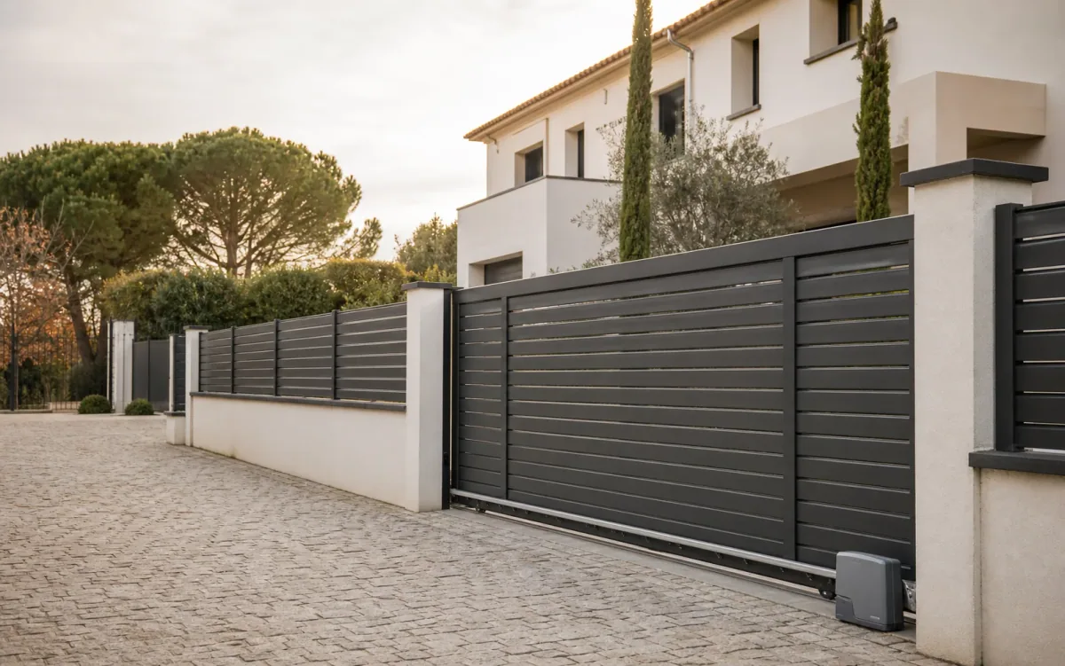 Dark fence and gate installed beside a modern home