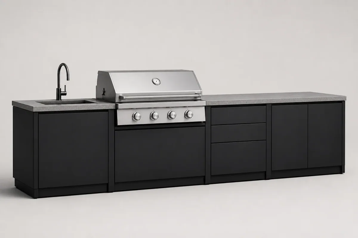 Outdoor kitchen product model with worktops, storage and cooking equipment