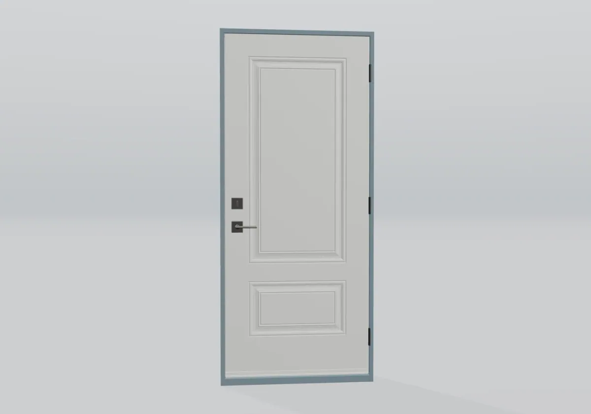 White single panelled door with a lever handle and grey frame