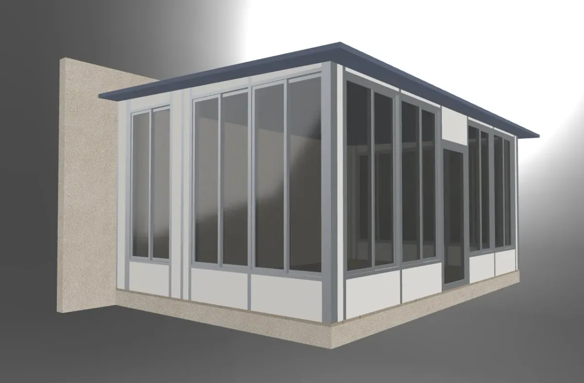 Glazed sunroom seen from the opposite corner with its roof and wall connection