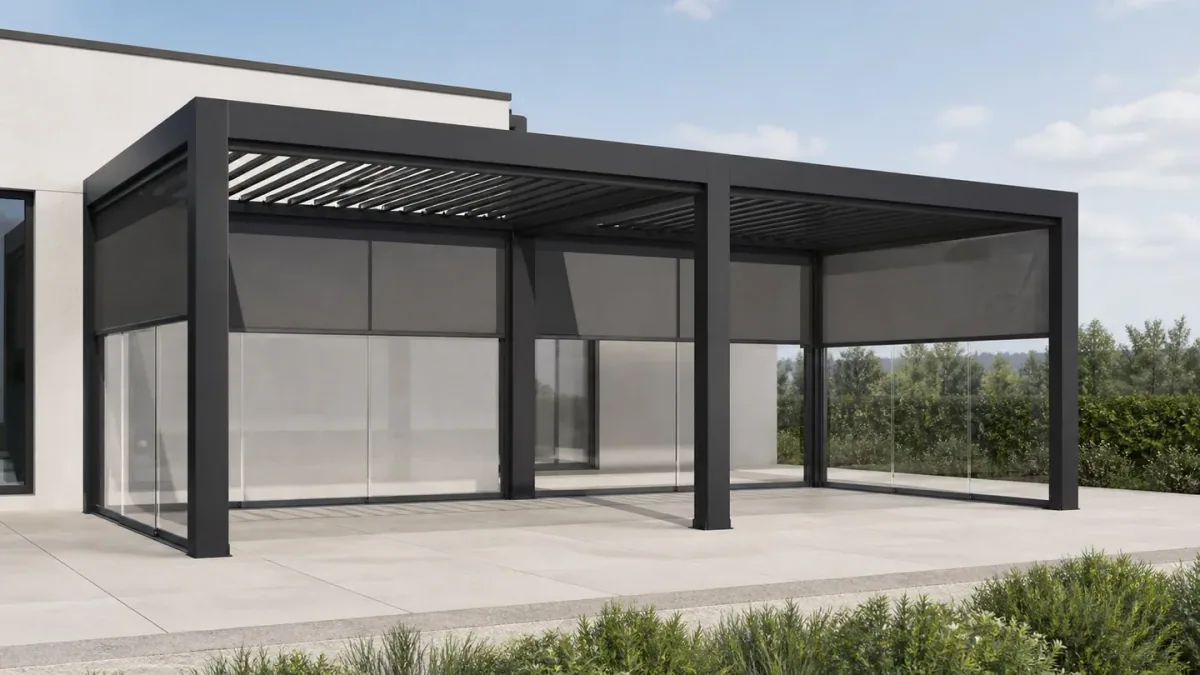 Multi-bay pergola with glass sides viewed from the garden