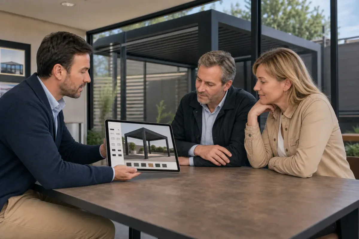 Three people reviewing a pergola design on a tablet at a table