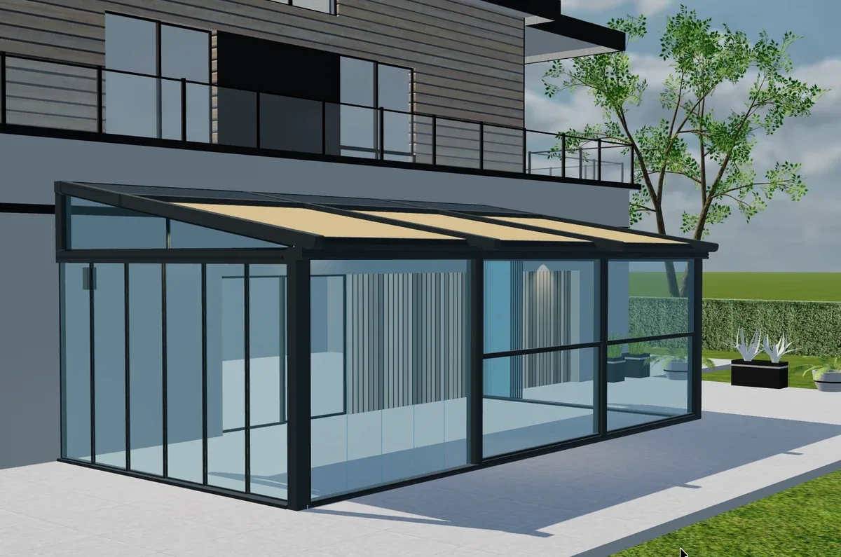 Tenteks Italia pergola with glazed sides and a pitched fabric roof in a 3D view