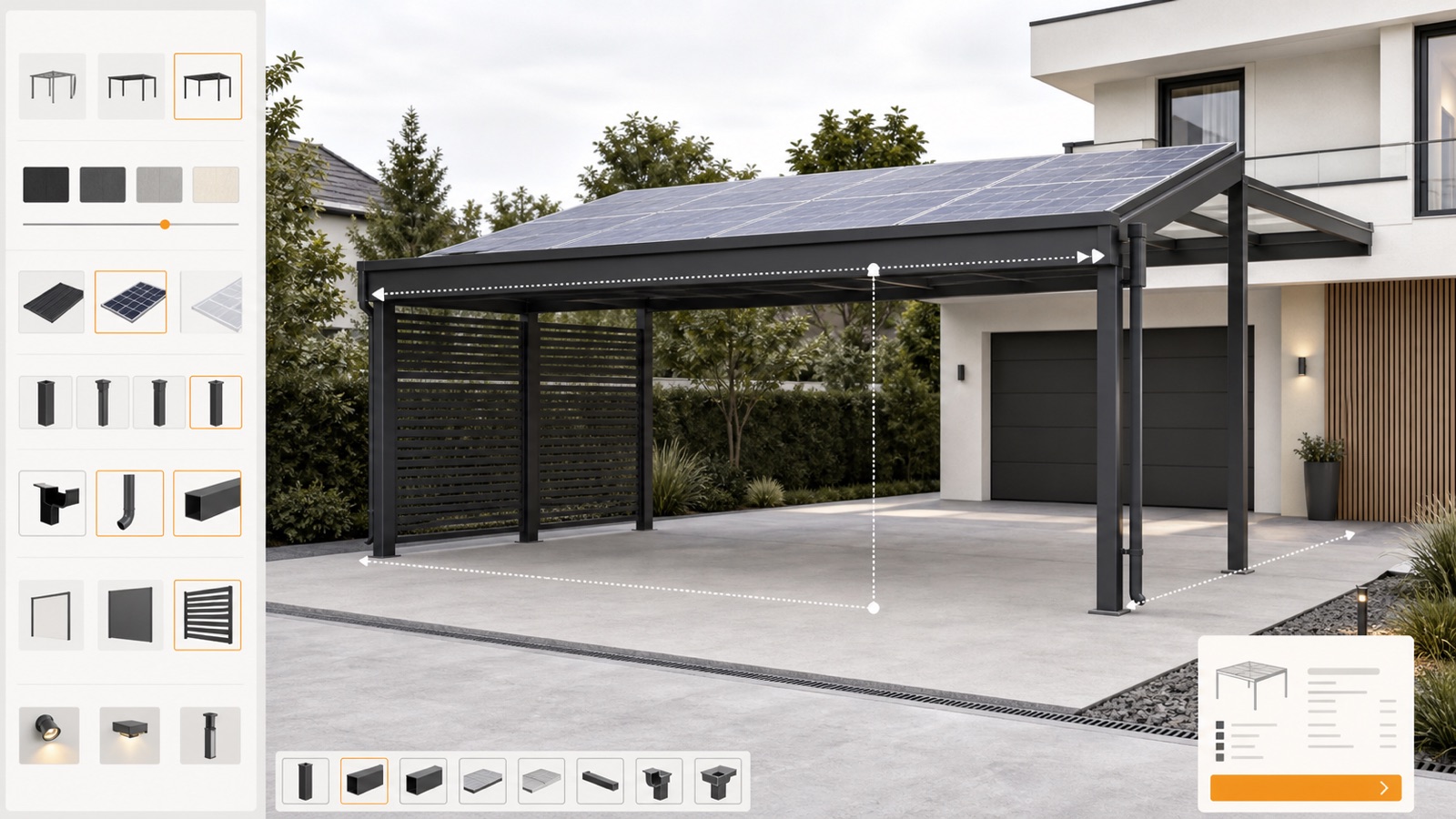 Solar carport configuration with structural dimensions, roof options and pricing output