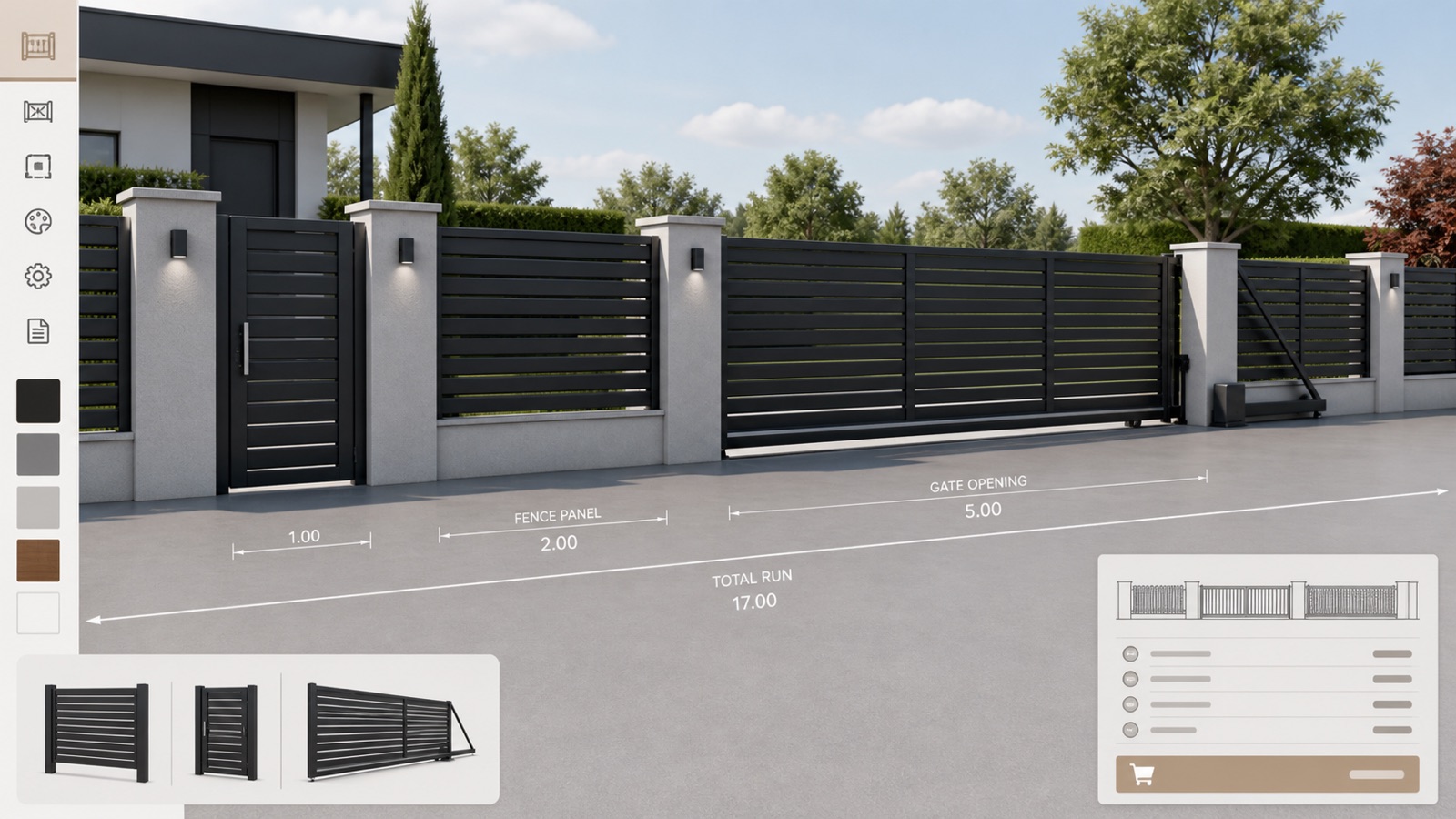 Fence and sliding gate configuration with run length, opening width and finish choices