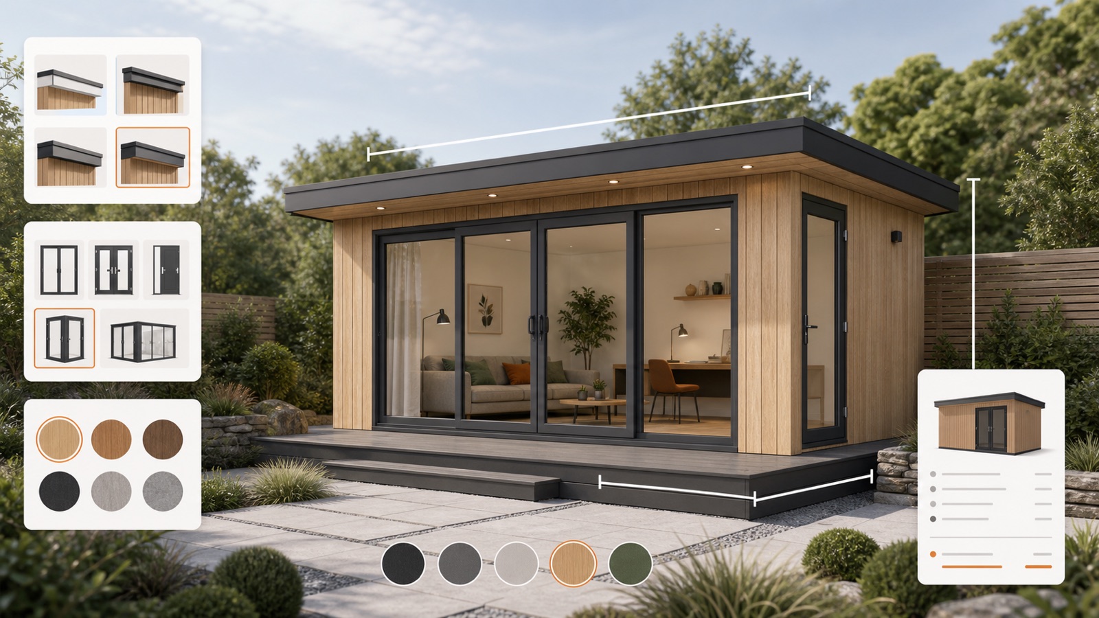 Garden room configuration with dimensions, cladding, glazing and a structured quote