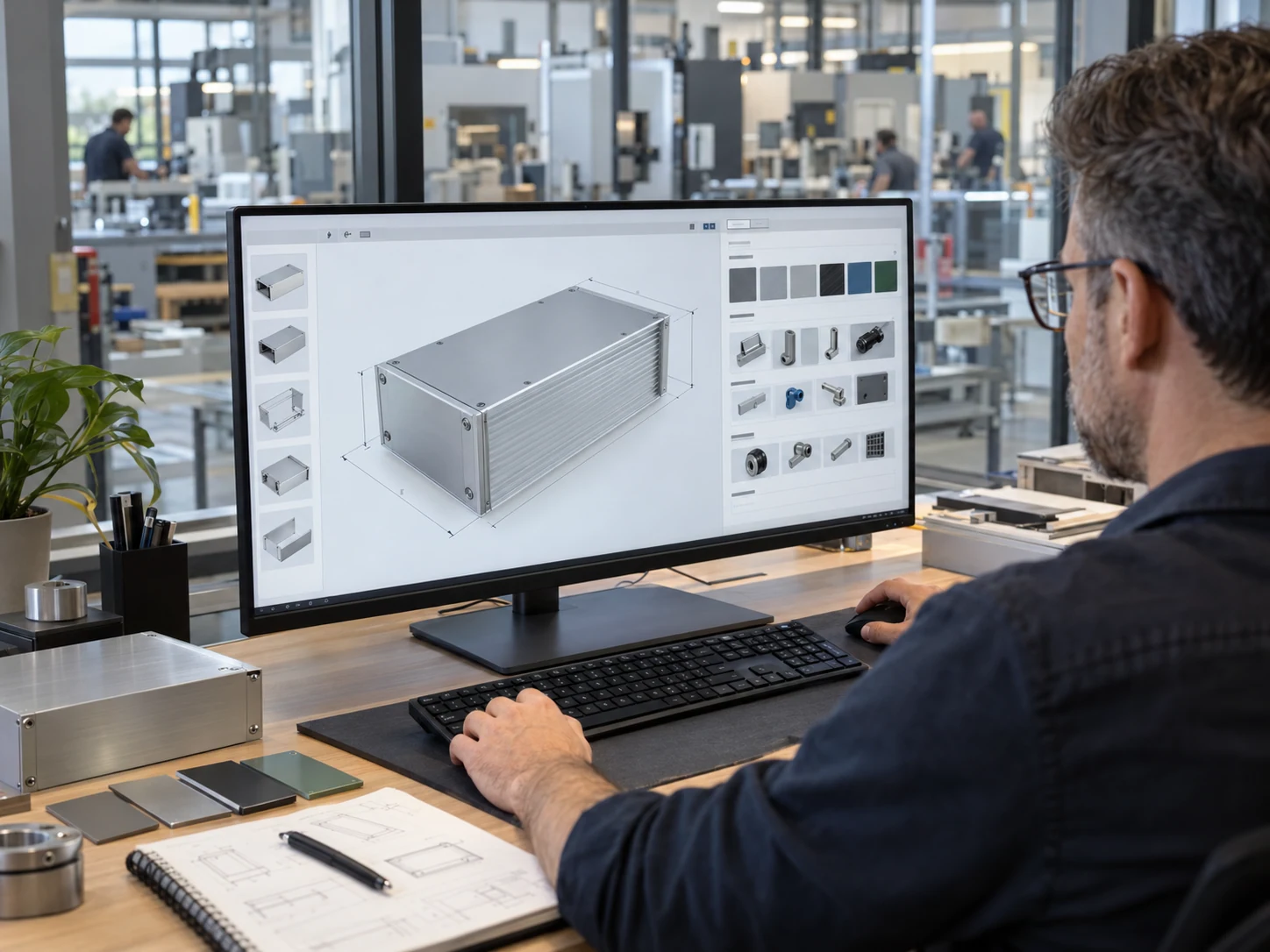 Product engineer configuring an aluminium industrial enclosure in 3D beside a modern German factory floor.