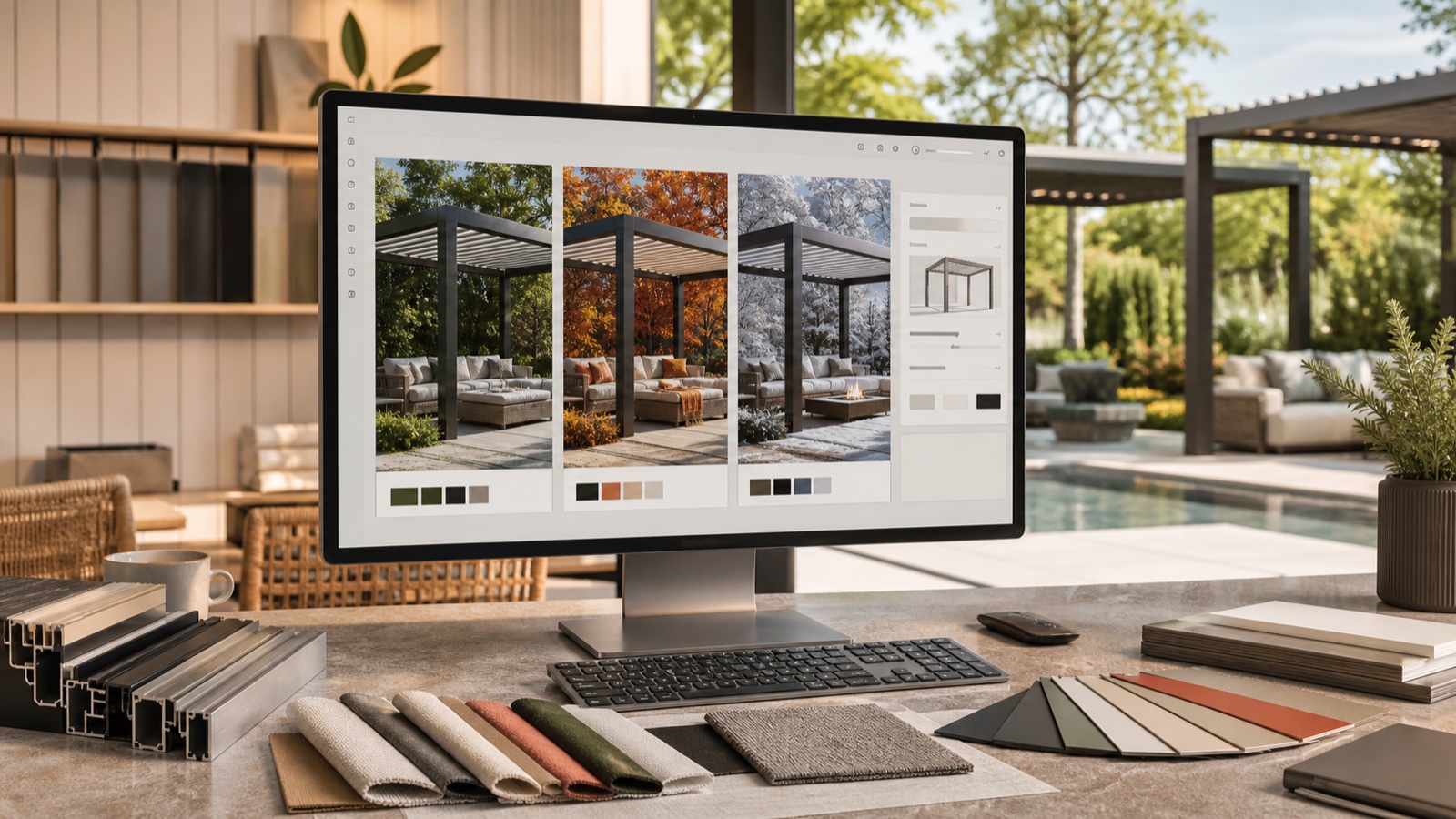 Pergola configurator displaying seasonal outdoor-living designs beside material samples