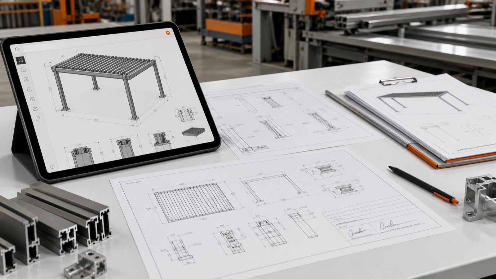 Signed pergola shop drawings generated from a dimensioned 3D configurator for production