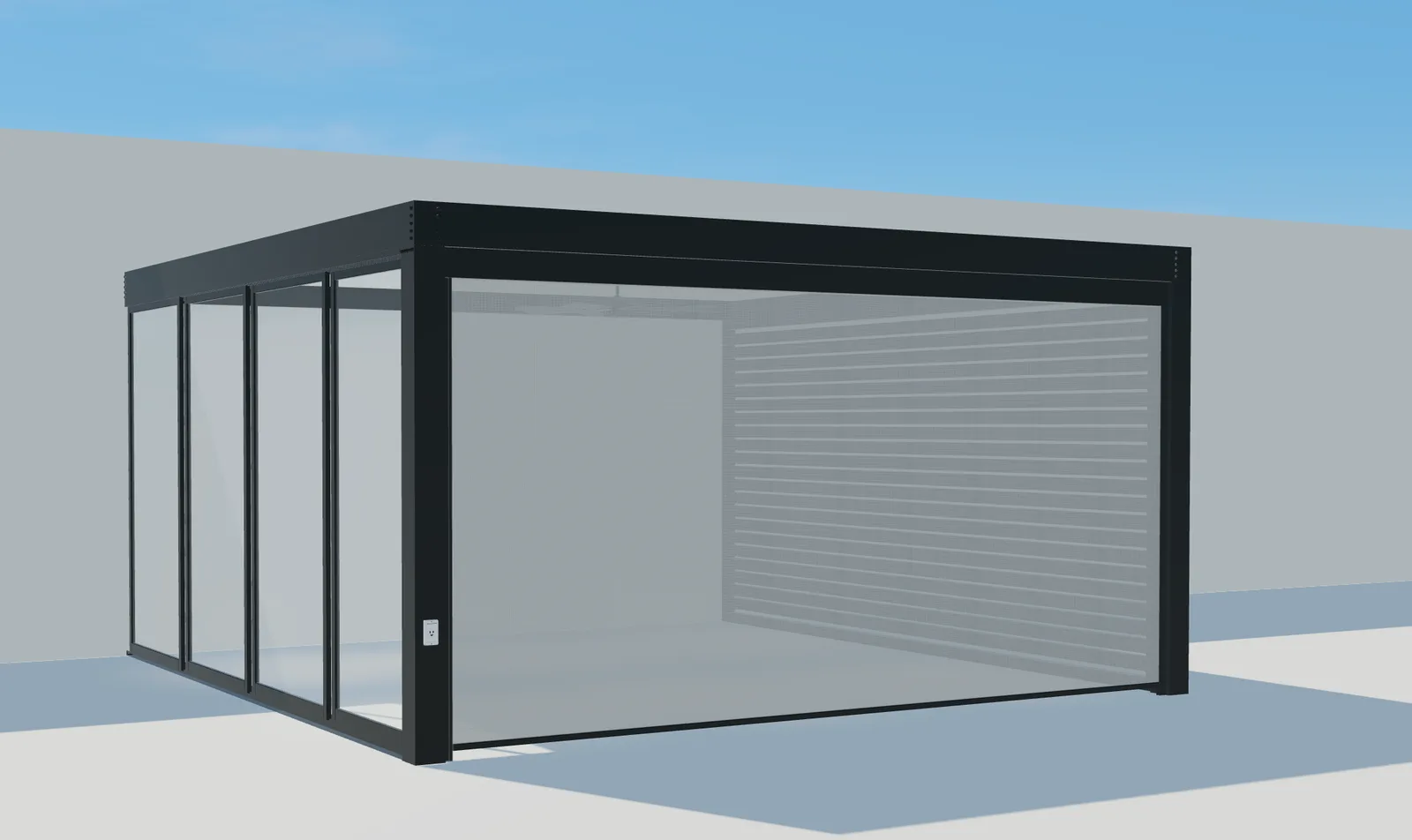 3D view of a dark Pergola Plus pergola with side glazing and a fully lowered front screen.