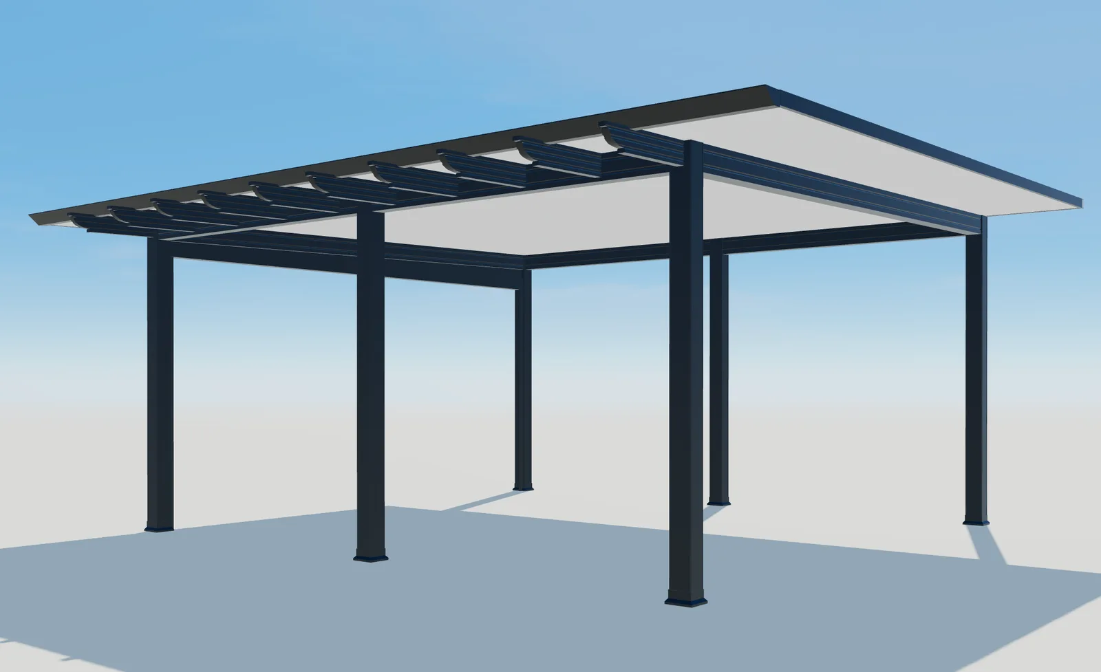 Perspective 3D view of the Pergola Plus roof structure with visible beams and six dark posts.