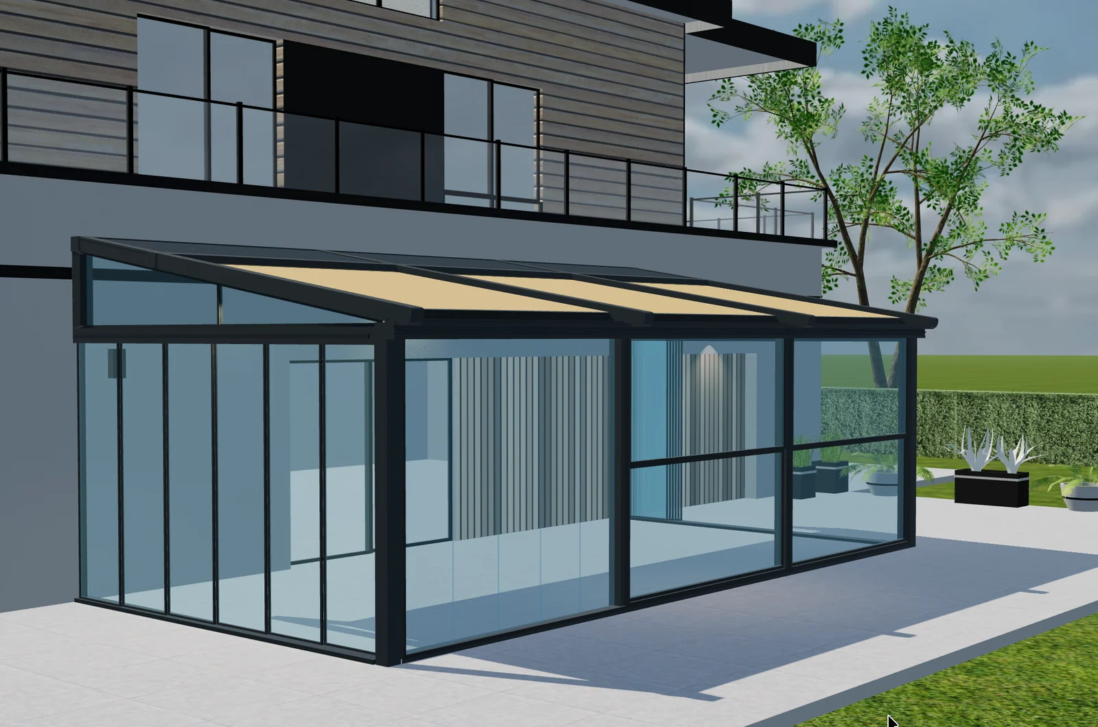 3D preview of a glazed pergola with a pitched frame, cream roof coverings and dark-framed glass walls.