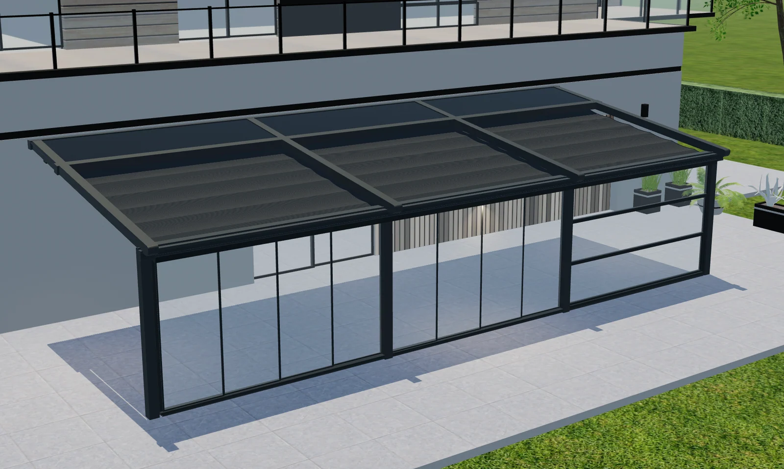 Elevated Configurix 3D view of a Tenteks Italia pergola with several roof sections and a glazed front