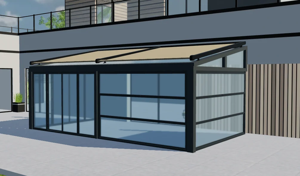 3D preview of a dark-framed winter garden with glass walls, a sloping roof and a cream roof covering.