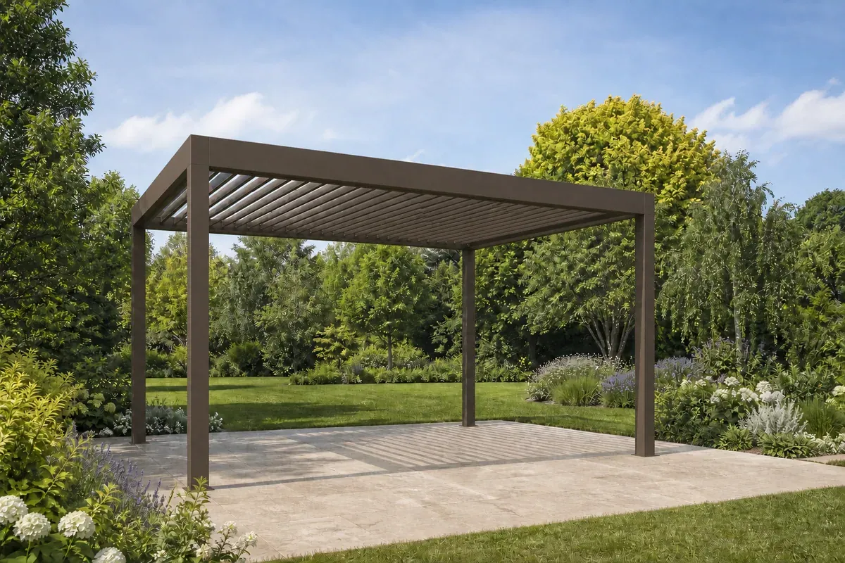 Illustrative bronze pergola with a louvered roof on a garden terrace.