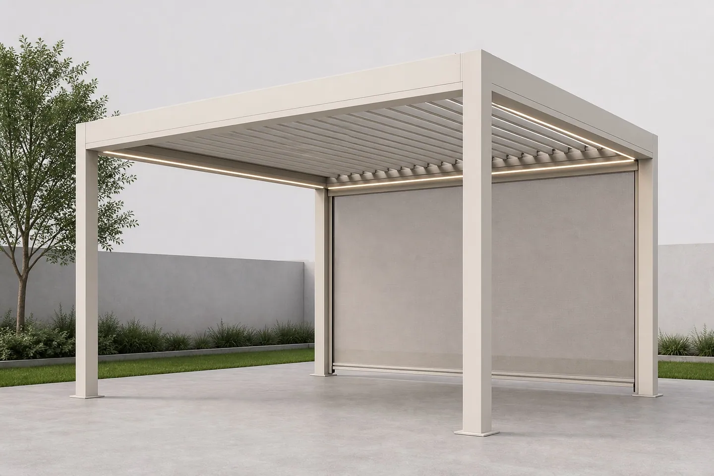 Illustrative freestanding cream pergola with a louvered roof, perimeter lighting and a side screen.