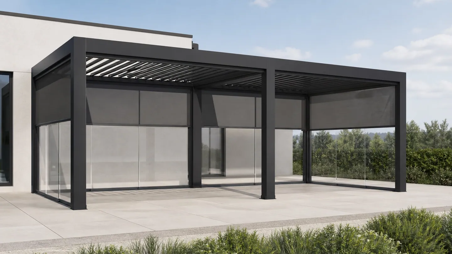 Illustrative two-bay anthracite pergola with separate louvered roof sections, screens and glass sides.