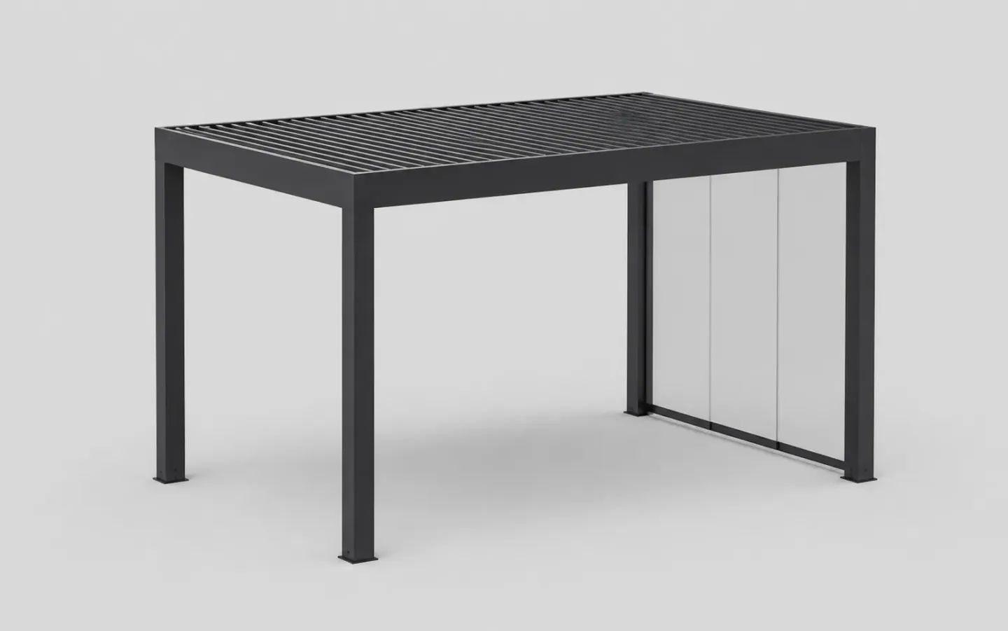 Illustrative anthracite pergola with a louvered roof and a glazed side, shown in a 3D product view.
