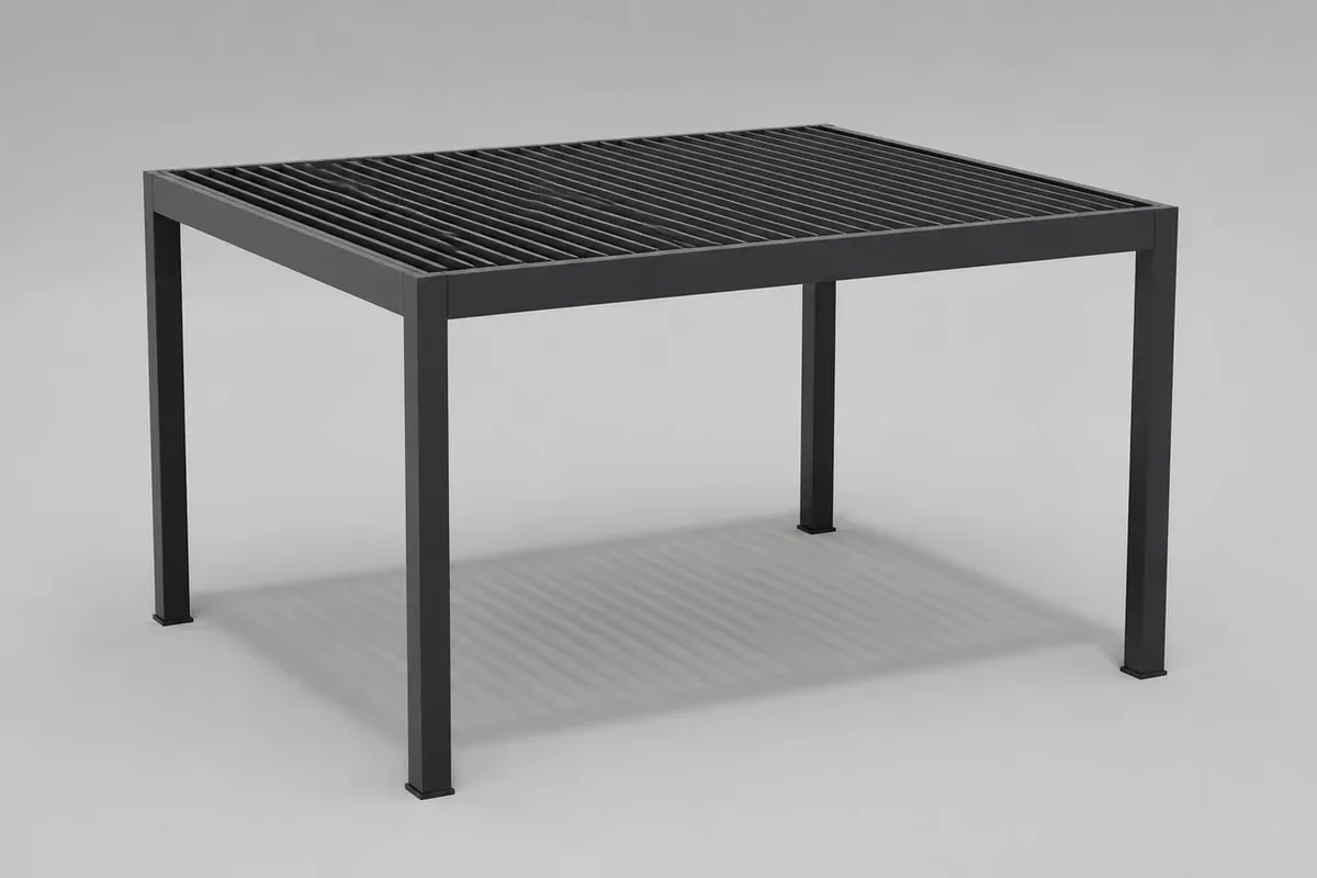 Illustrative anthracite louvered pergola in a neutral 3D configurator workspace.