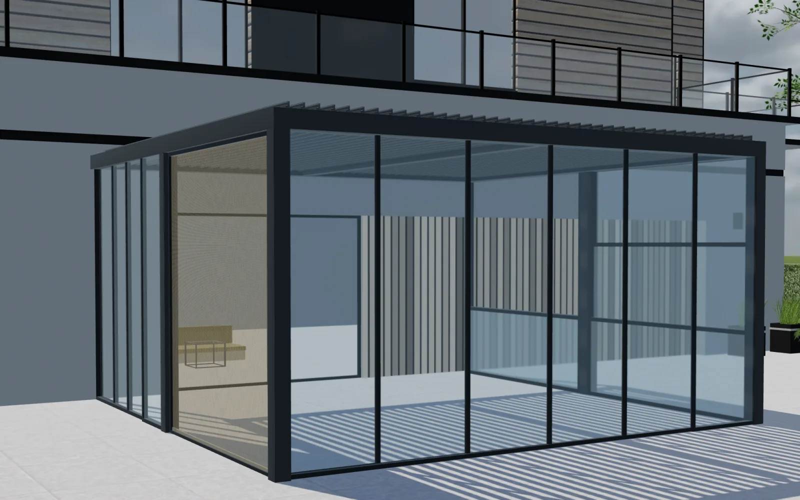 Interactive 3D pergola configuration with closed sliding glass panels and a louvered aluminium roof