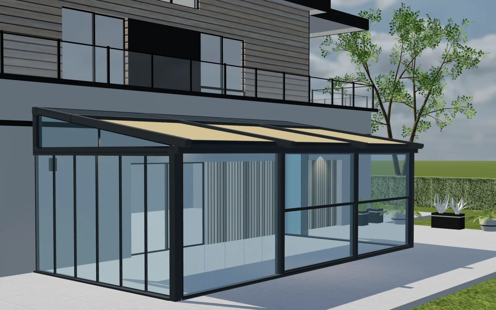 Configurix 3D pergola configurator showing a wall-mounted glass pergola with a partially extended retractable fabric roof