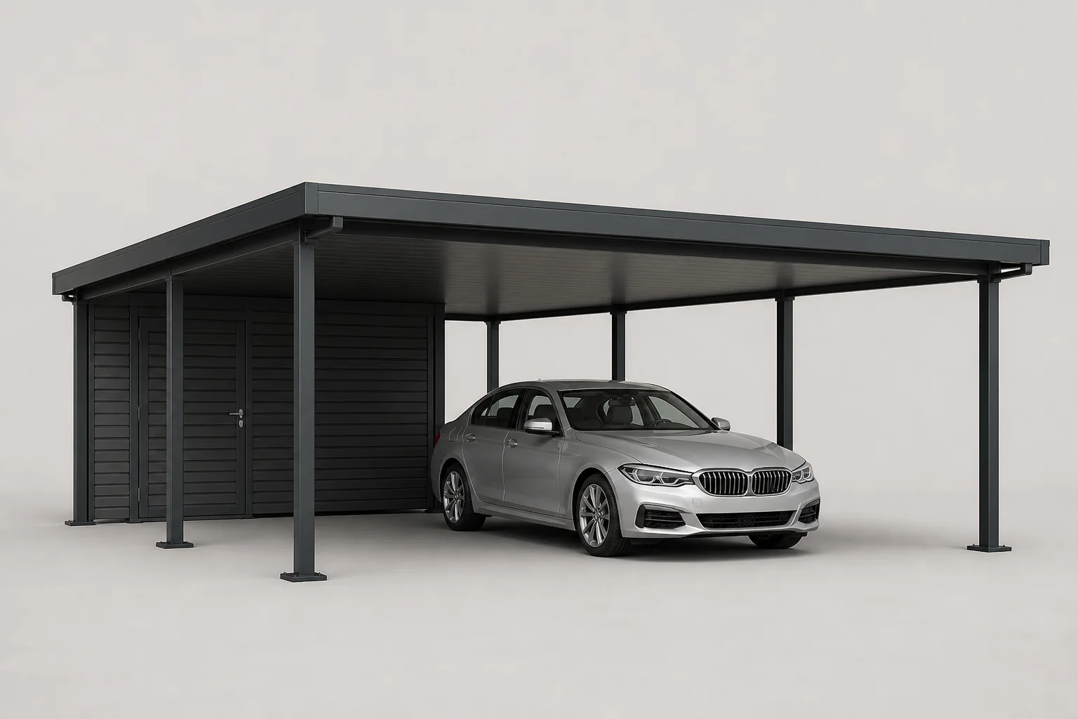 Isolated illustrative double-bay carport with solid roof and storage