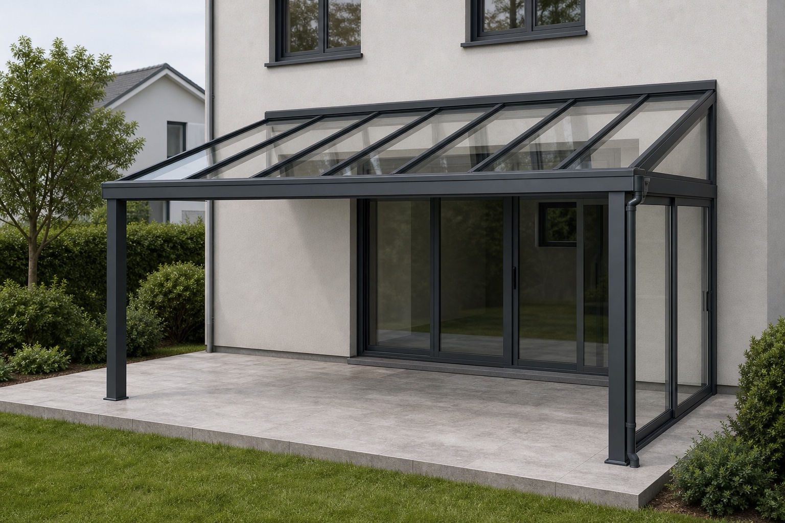 Realistic wall-attached veranda and glass roof in a high-fidelity 3D product configurator